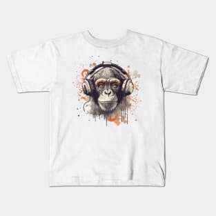 Monkey with headset listening music Kids T-Shirt